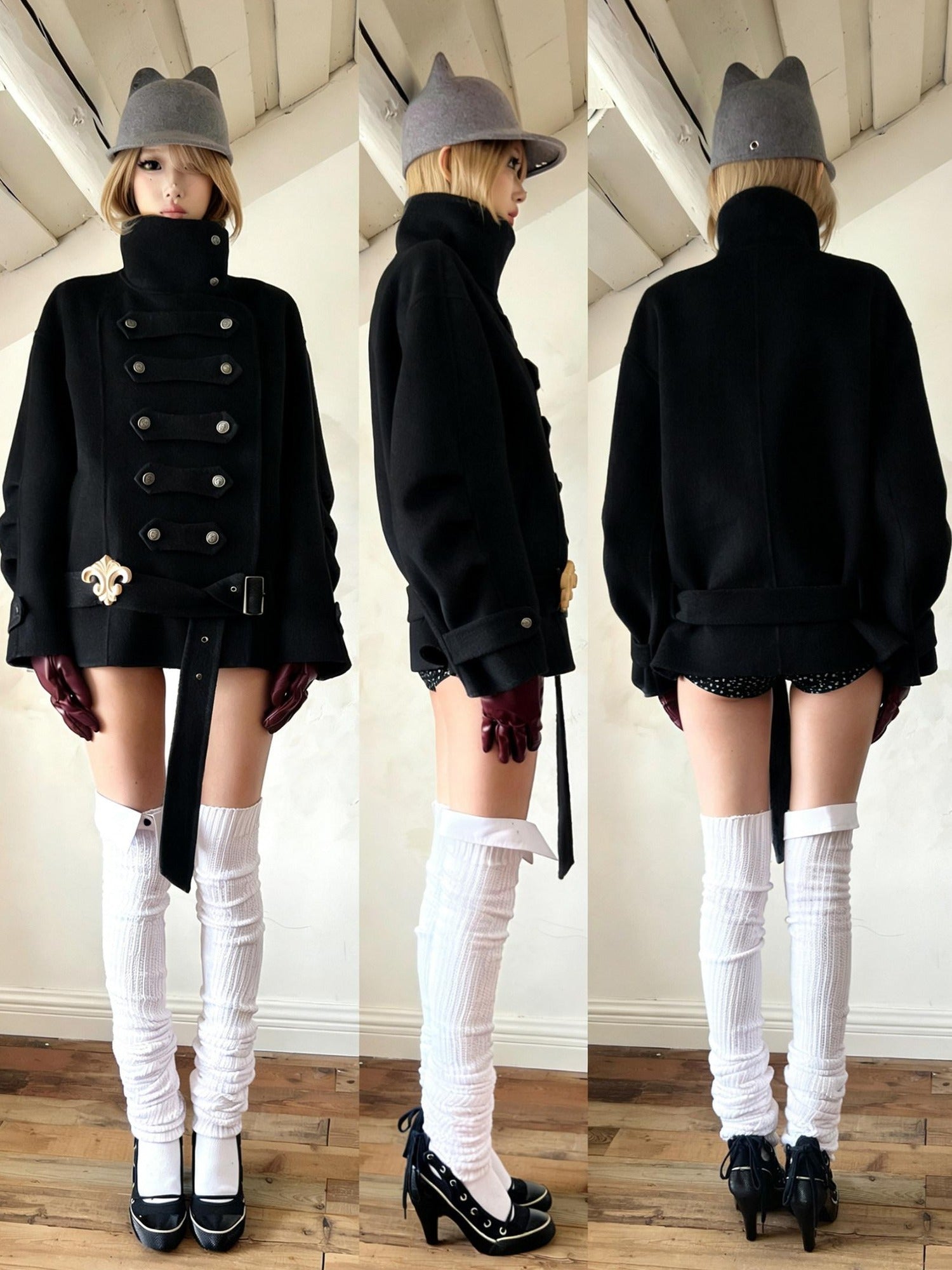 nit alcove Warm Wool Blend Pleated Biker Collar Unisex Double Breasted Cropped Wool Coats