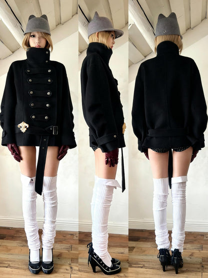 nit alcove Warm Wool Blend Pleated Biker Collar Unisex Double Breasted Cropped Wool Coats