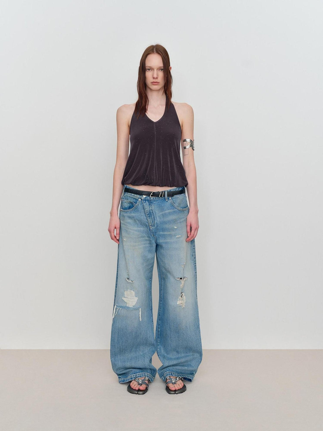 RUN TO THE FUTURE Durable Distressed Low Rise Loose Fit Casual Light Blue Denim Wide-Leg Jeans