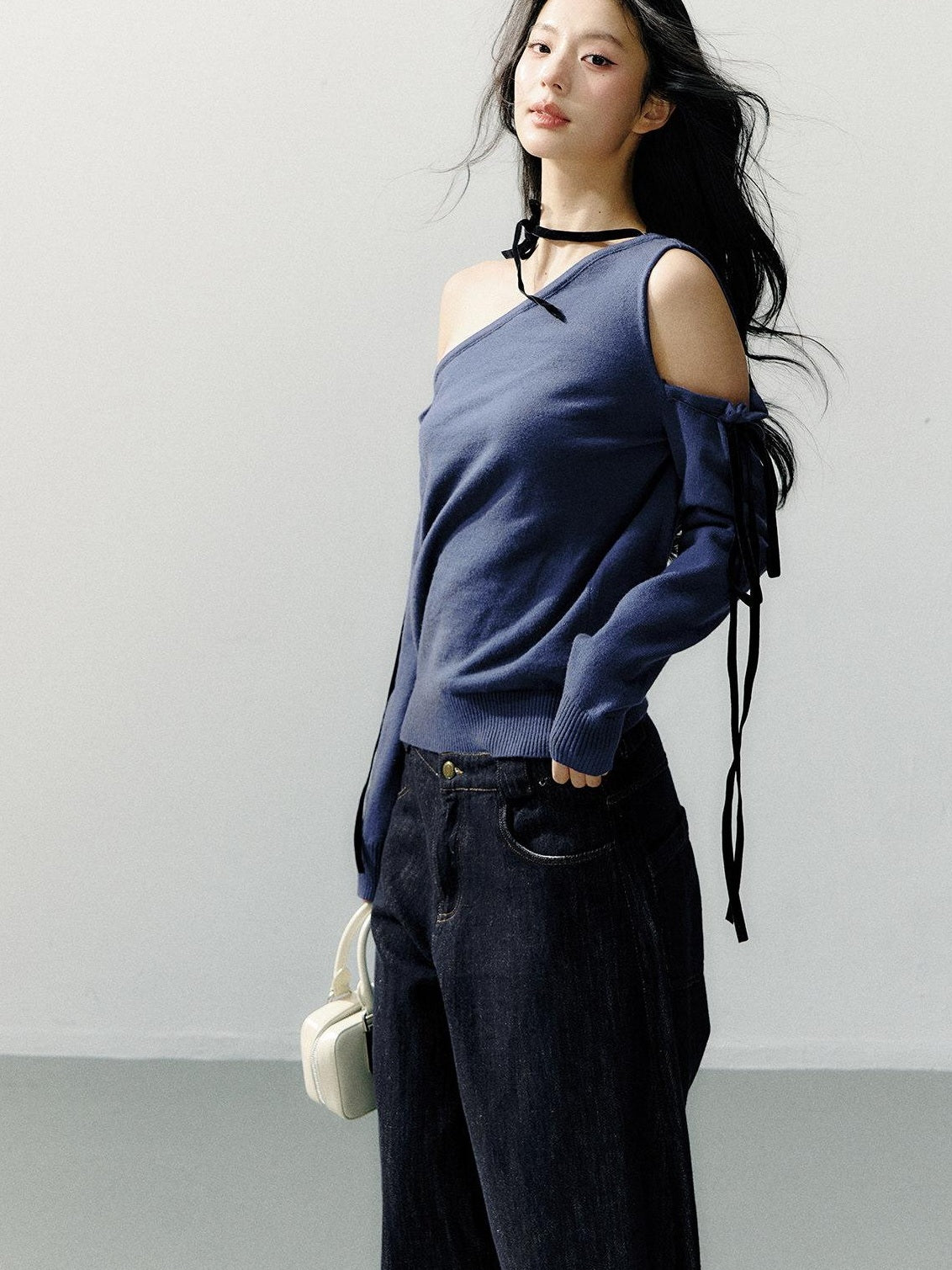 7Shiftin Cozy Casual Loose Backless Women Knit Pullover Blue Long Sleeve Sweaters