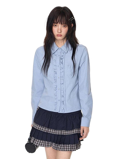 NAPSNAPS Ruffle Trim Pleated Point Collar Patch Pocket Women&