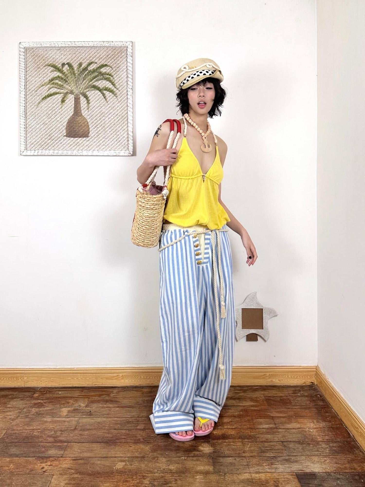 nit alcove Comfort Commuter Striped Pocket Natural Waist Cotton Blend Girls Wide Leg Pants