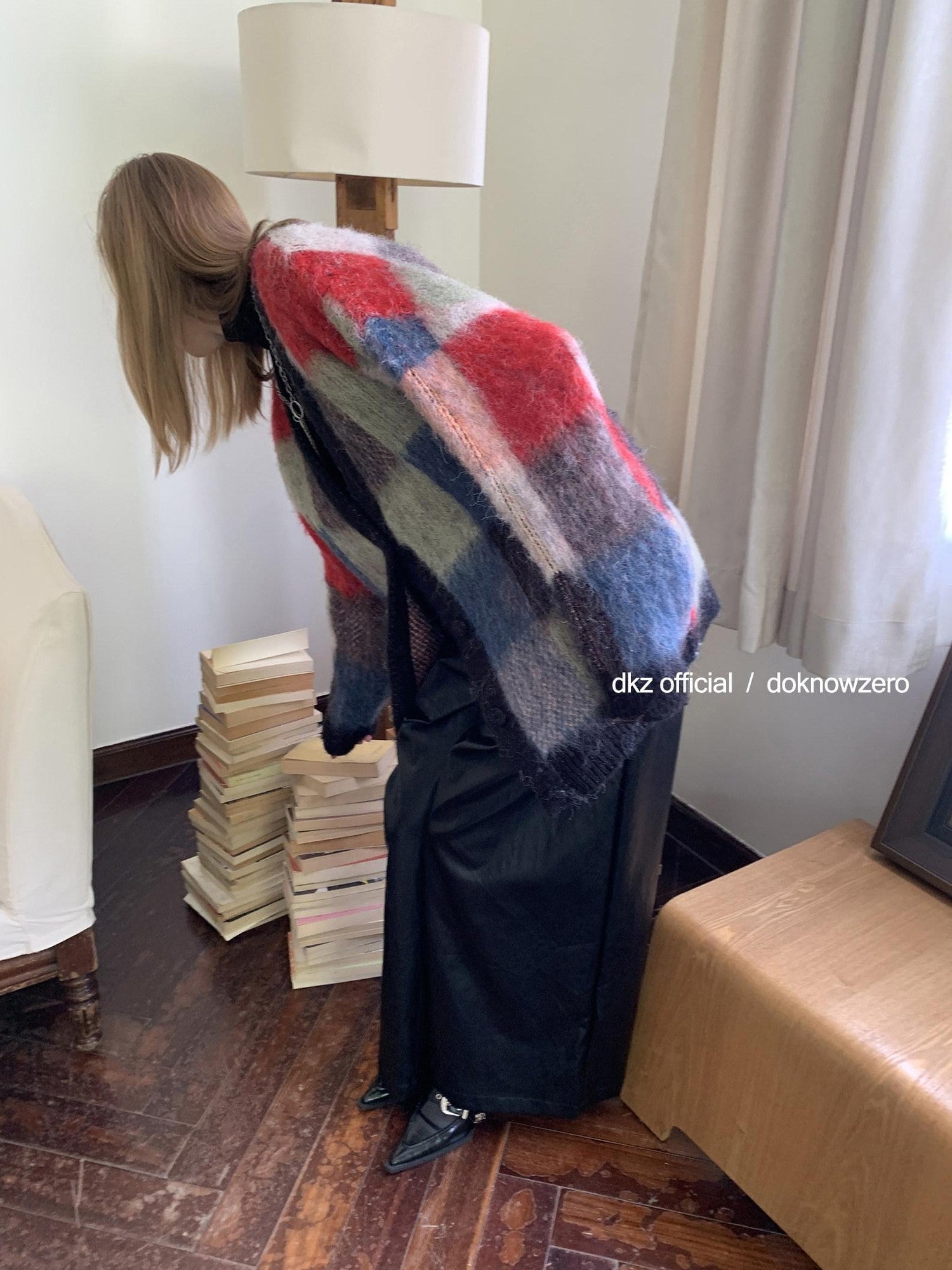 DKZ OFFICIAL Retro Colorful Plaid Knit Buttoned Loose Women&