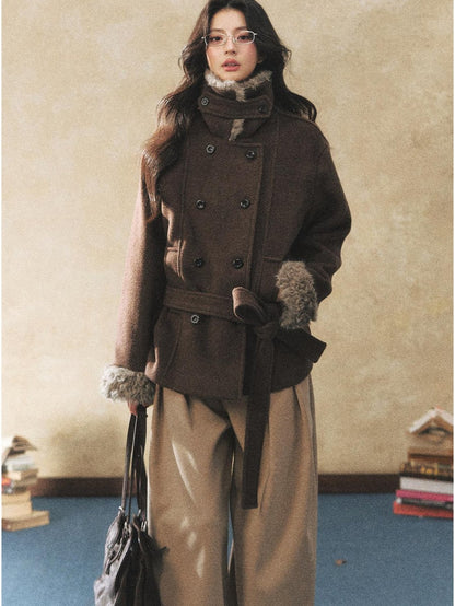 7Shiftin Warm Waist Cinched Casual Mid Length Fur Collar Double Breasted Brown Coats