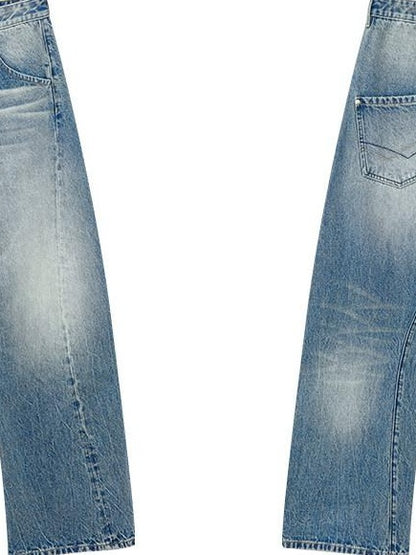 RUN TO THE FUTURE Washed Cotton Casual Natural Waist Topstitch Women Denim Blue Wide-Leg Jeans