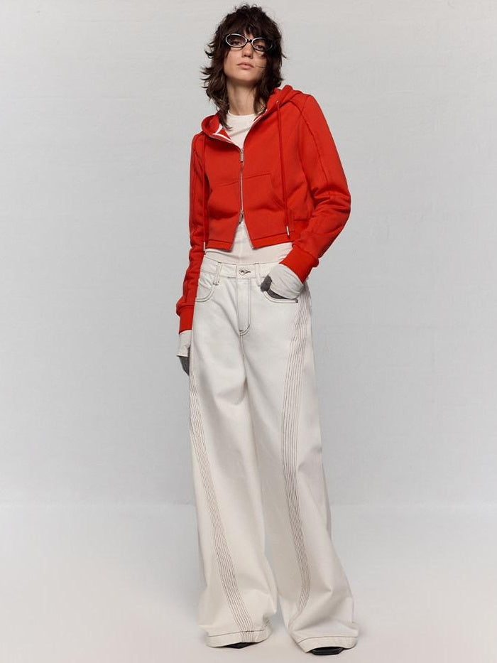 RUN TO THE FUTURE Casual Colorblock Loose Natural Waist Washed Denim High Cotton Wide-Leg Jeans