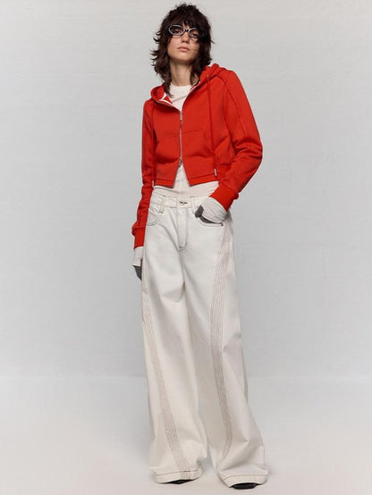RUN TO THE FUTURE Casual Colorblock Loose Natural Waist Washed Denim High Cotton Wide-Leg Jeans