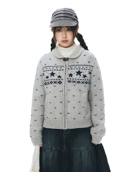 NAPSNAPS Vintage Fair Isle Star Knit Turndown Collar Women&