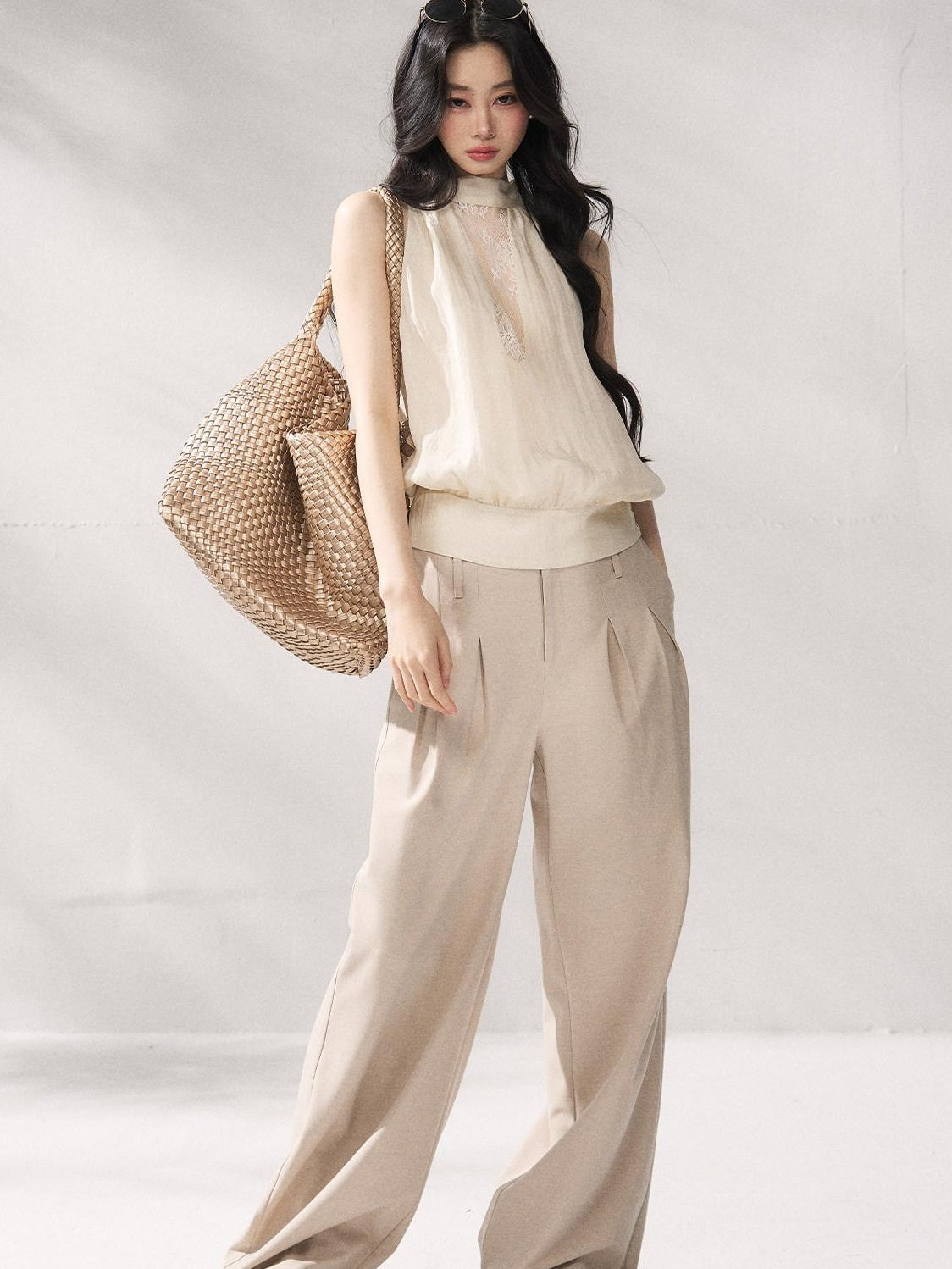 7Shiftin Soft Lyocell Loose Halter High Neck Short Beige Womens Off Shoulder Crop Tops