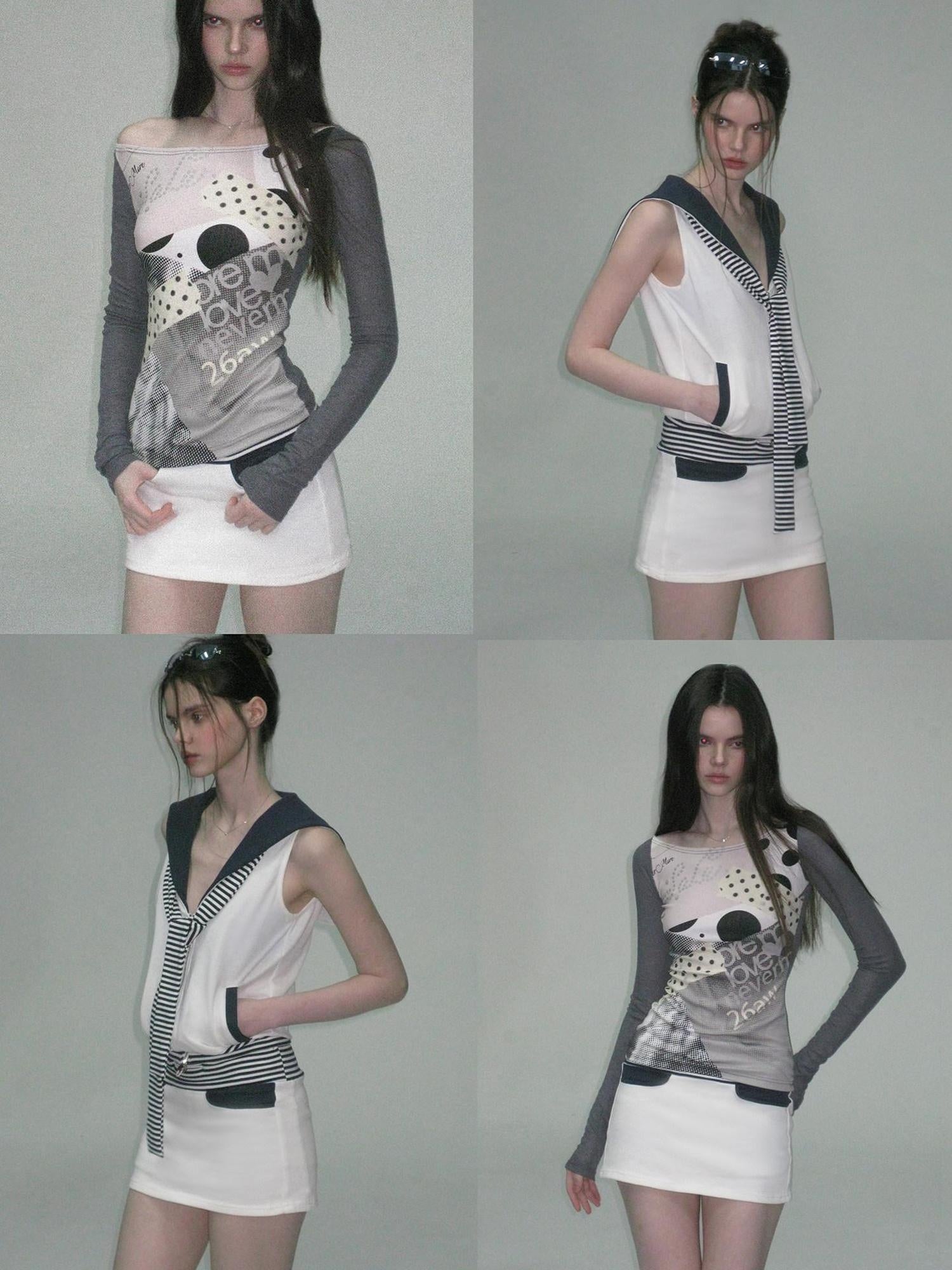 The NeverMore Contrast Printed Cotton Mid Waist Straight Bodycon Women White Mini Skirts