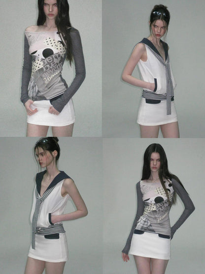 The NeverMore Contrast Printed Cotton Mid Waist Straight Bodycon Women White Mini Skirts