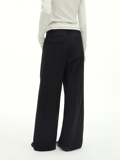 RUN TO THE FUTURE Stretch Wool Blend Casual Wide Leg Drawstring Mid Low Rise Women Black Chinos