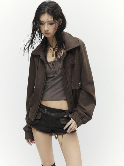 Low pixel Metal Trim Vintage Standard Womens Brown Zip Lapel Cropped Jackets
