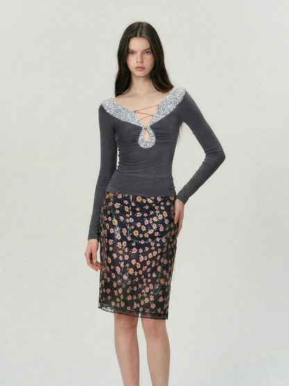The NeverMore Antistatic Sequin Low Waist Bodycon Women Party Polyester Midi Skirts