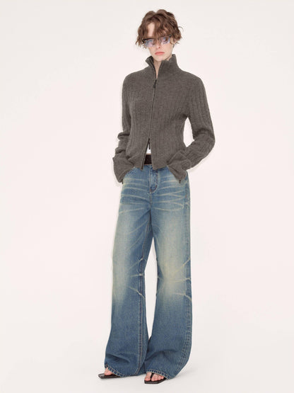 RUN TO THE FUTURE Washed Vintage Blue Low Rise Loose Fit Unisex High Cotton Denim Straight Jeans