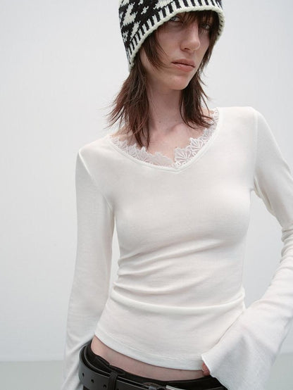 RUN TO THE FUTURE Lyocell Wool Moisture Wicking Slim V-neck Lace Trim Women Long Sleeve T-Shirts