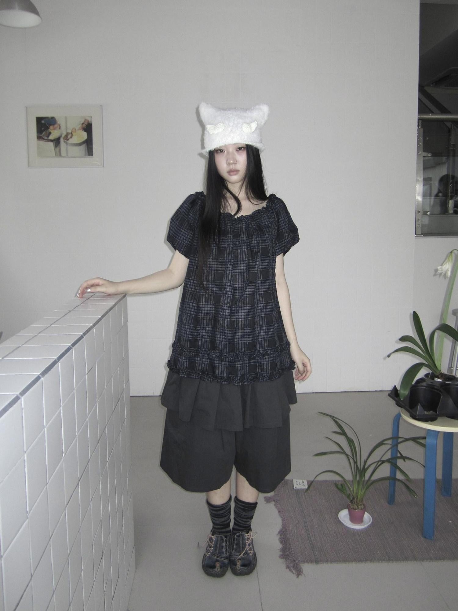 ang project Navy Plaid Lace Trim Ruffle Edge Puff Sleeve Women&