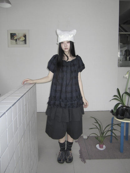 ang project Navy Plaid Lace Trim Ruffle Edge Puff Sleeve Women&
