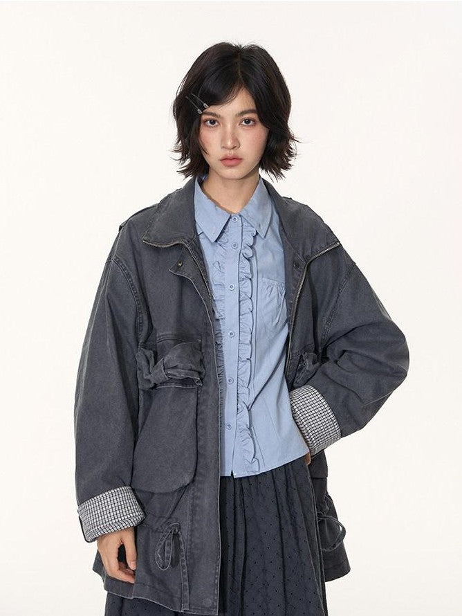 NAPSNAPS Ruffle Trim Pleated Point Collar Patch Pocket Women&