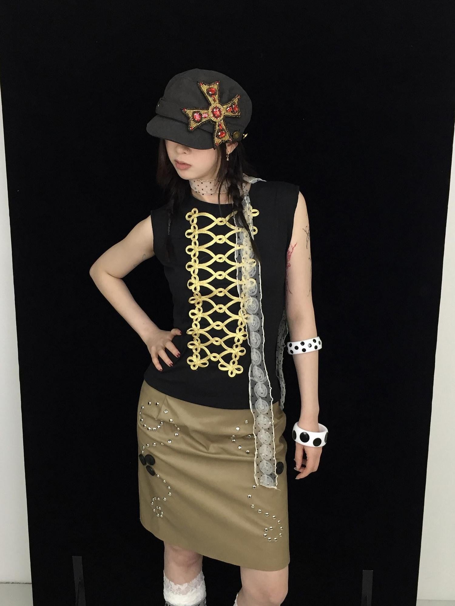Ttsunami Floral Court Style Gold Frog Button Women&