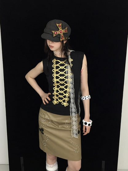 Ttsunami Floral Court Style Gold Frog Button Women&