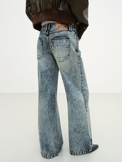 RUN TO THE FUTURE Vintage Washed Distressed Low Rise Durable Snow Blue Denim Women Straight Jeans