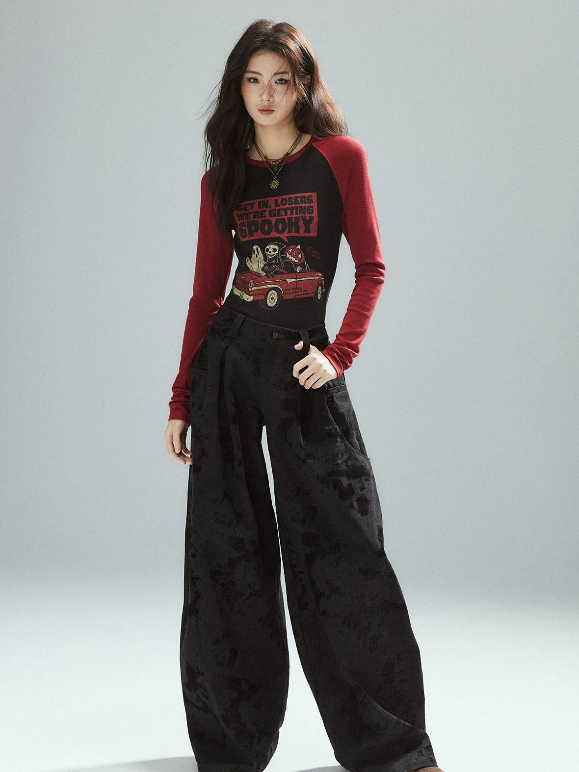 Low pixel Black Cotton Flocked Low Rise Loose Street Women Zip Fly Wide Leg Jeans