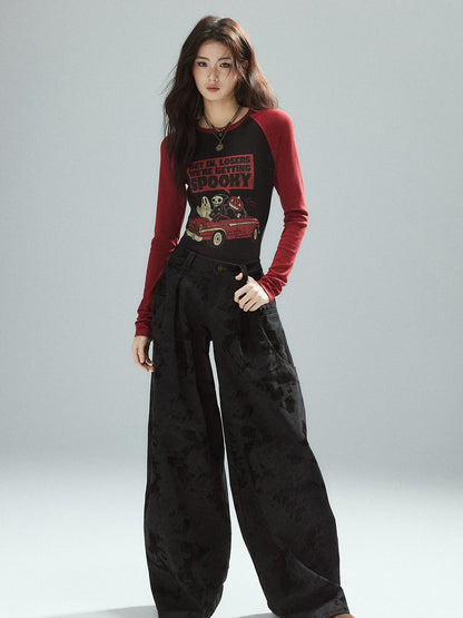 Low pixel Black Cotton Flocked Low Rise Loose Street Women Zip Fly Wide Leg Jeans