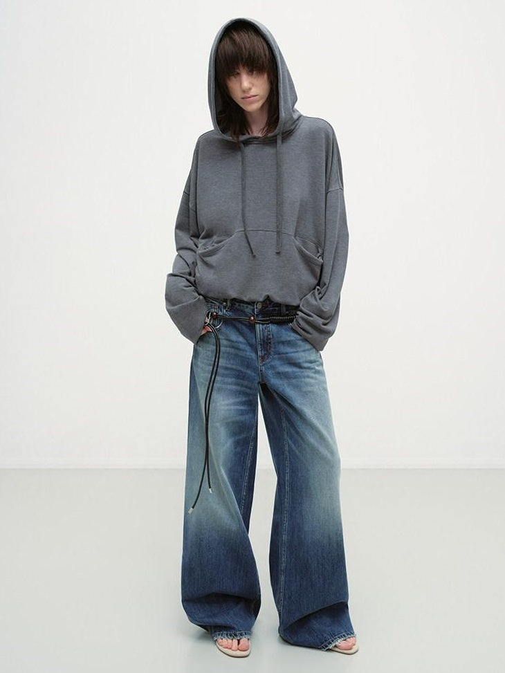 RUN TO THE FUTURE Cozy Hooded Loose Fit Long Sleeve Minimal Women Solid Heather Gray Sweatshirts