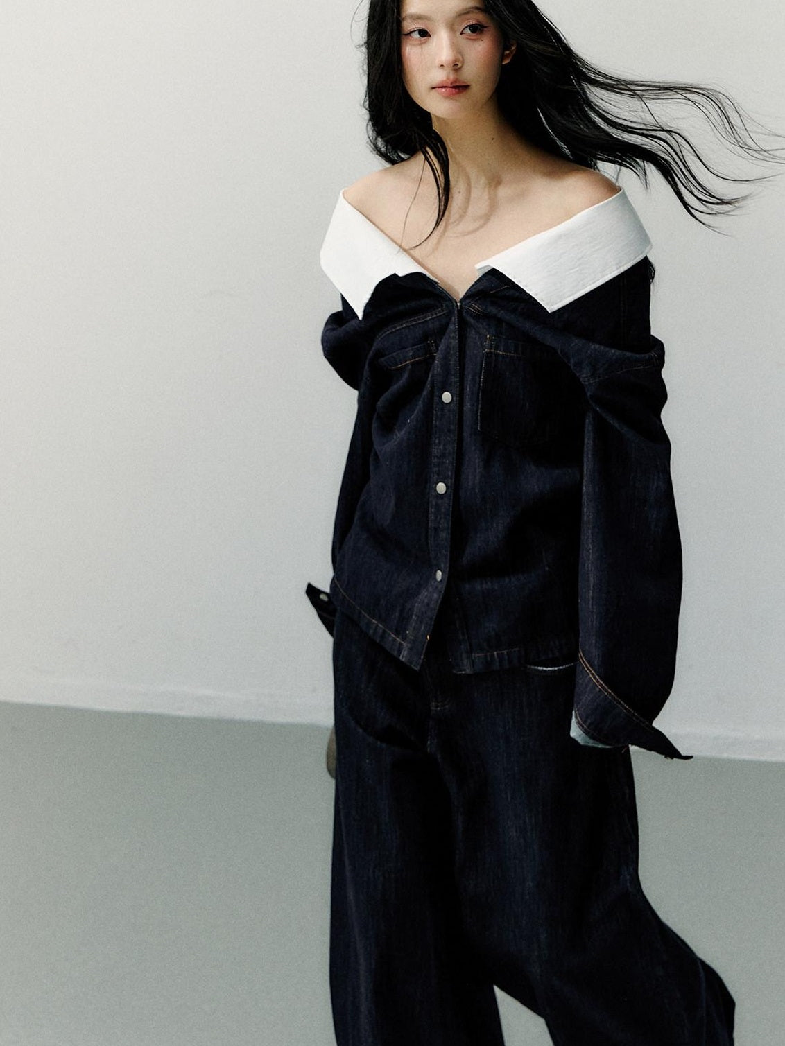 7Shiftin Cotton One Shoulder Casual Relaxed Long Sleeve Cropped Button Deep Blue Blouses