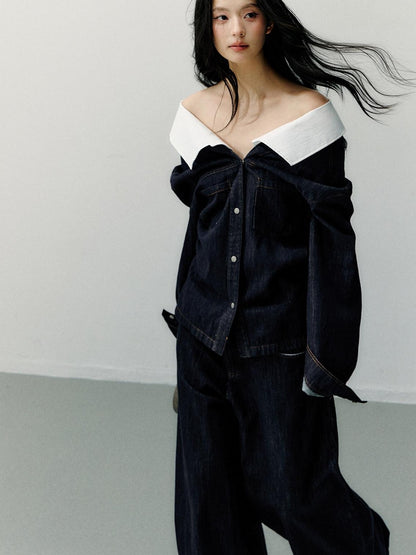 7Shiftin Cotton One Shoulder Casual Relaxed Long Sleeve Cropped Button Deep Blue Blouses