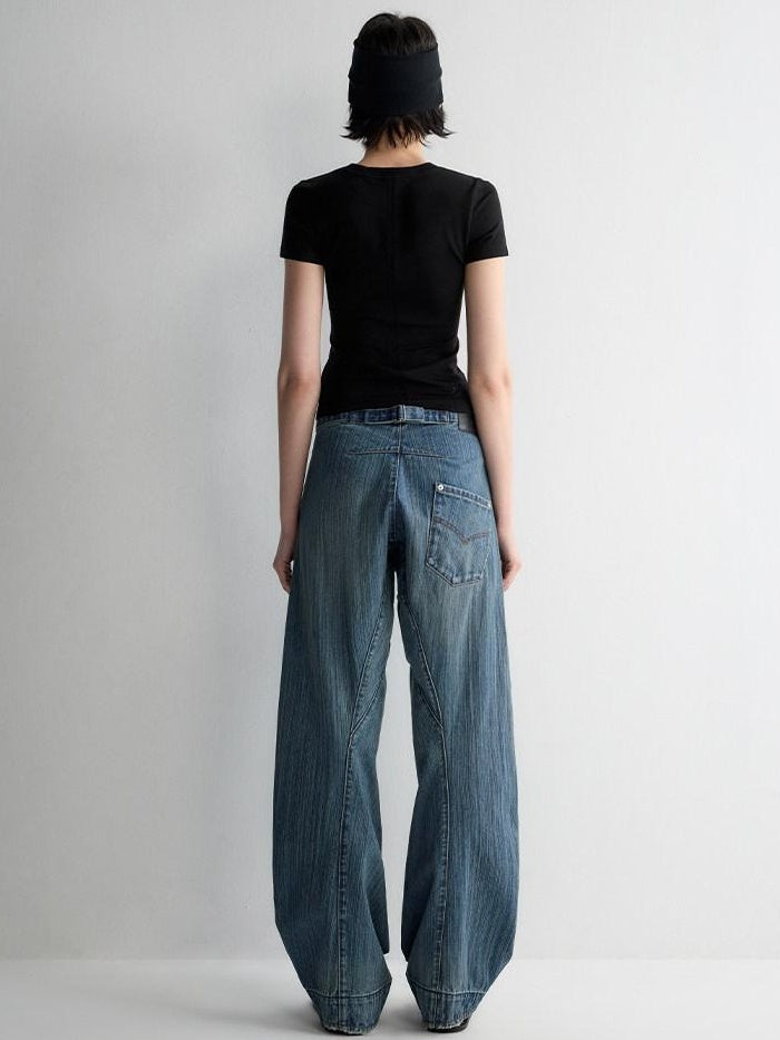 RUN TO THE FUTURE Ripped Washed Durable Low Rise Relaxed Fit Vintage Blue Wide-Leg Jeans