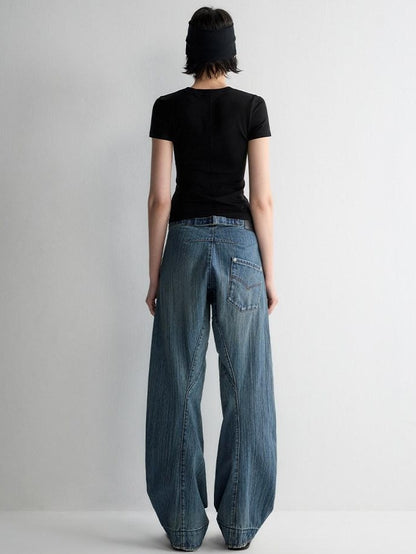 RUN TO THE FUTURE Ripped Washed Durable Low Rise Relaxed Fit Vintage Blue Wide-Leg Jeans