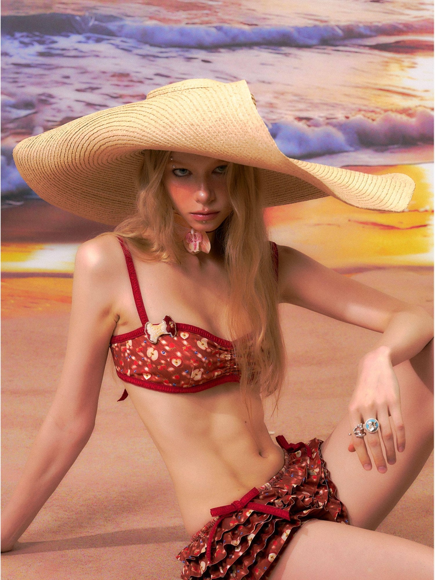 The NeverMore Red Ruffled Layered Skirt Shorts Casual Polyester Two Piece Women Bikini
