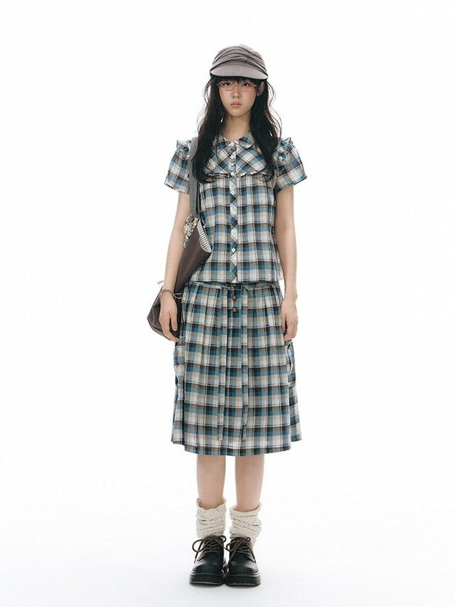 NAPSNAPS Blue Plaid Ruffle Puff Sleeve Button Tie Women&