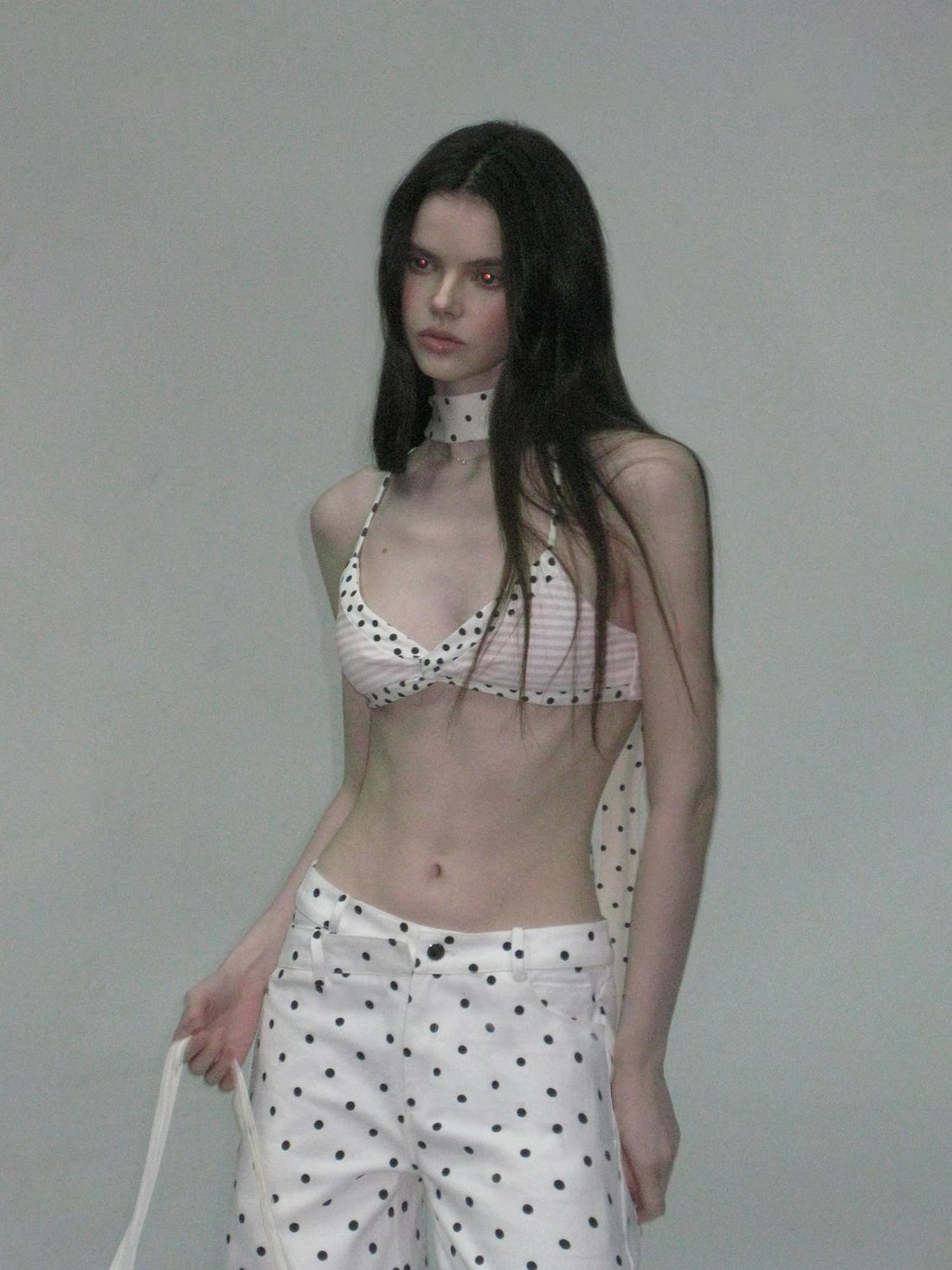 The NeverMore Padded Polka Dot Slim Fit Cropped Round Neck Womens Cotton Blend Camisoles