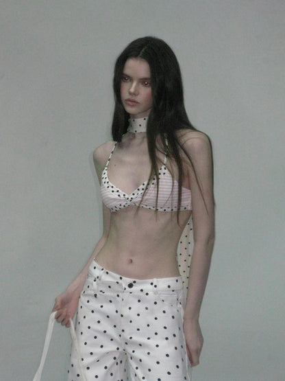 The NeverMore Padded Polka Dot Slim Fit Cropped Round Neck Womens Cotton Blend Camisoles