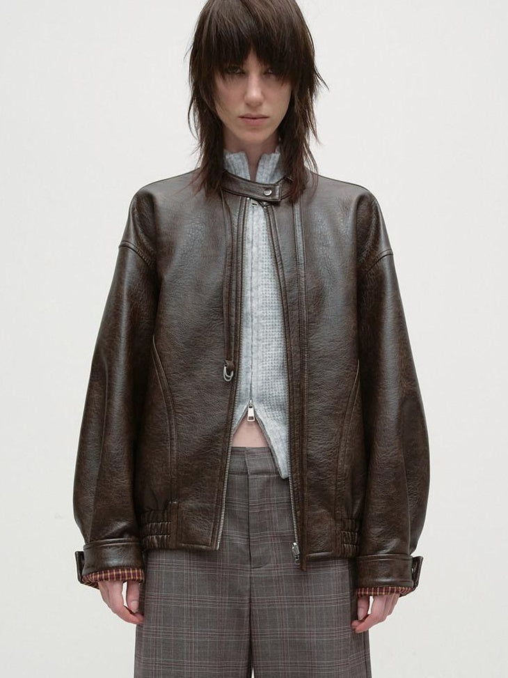 RUN TO THE FUTURE Vintage Brown Zipper Loose Fit Stand Collar Commuter Washed Leather Jackets