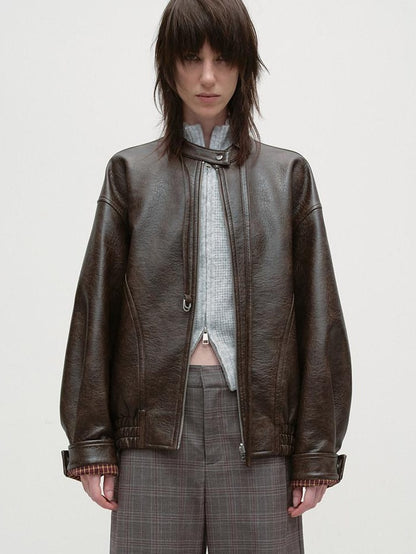 RUN TO THE FUTURE Vintage Brown Zipper Loose Fit Stand Collar Commuter Washed Leather Jackets