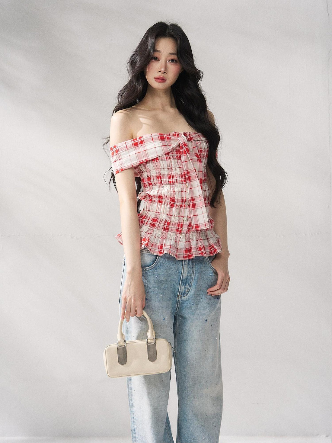 7Shiftin Red Plaid Slim Fit Bardot Short Sleeve Women Casual Off Shoulder Crop Tops
