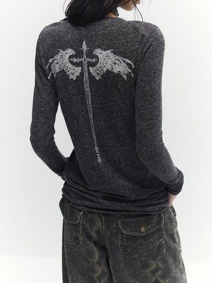 Low pixel Linen Blend Printed Slim Fit V-neck Women Black Long Sleeve T-Shirts