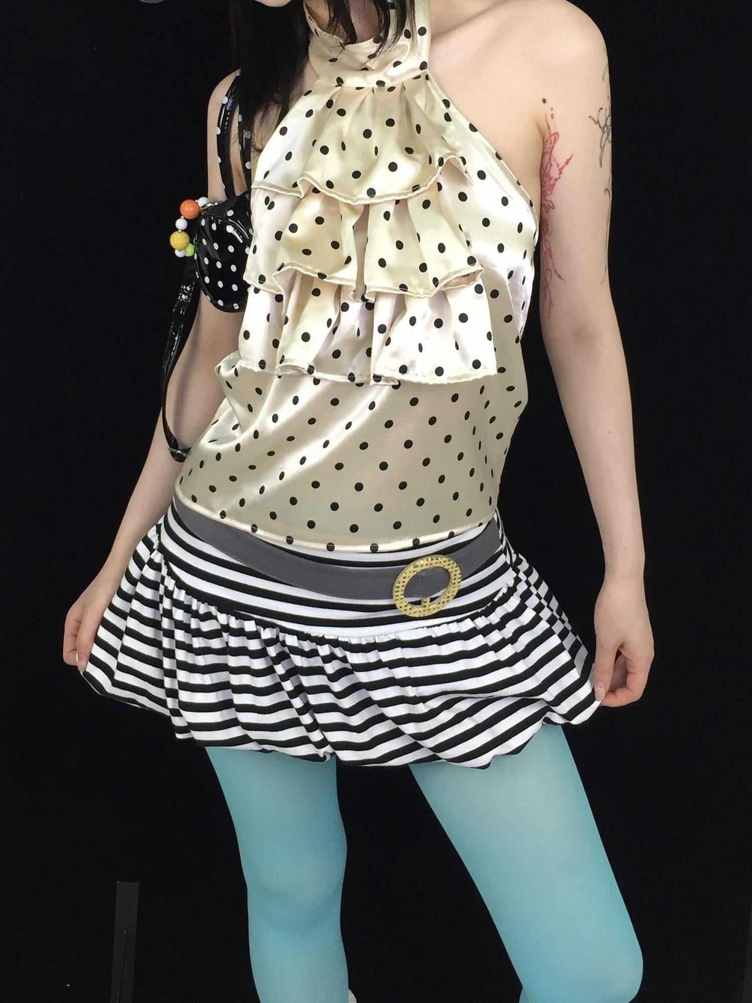 Ttsunami Black White Striped Pleated Ruched Low Waist Puff Women&