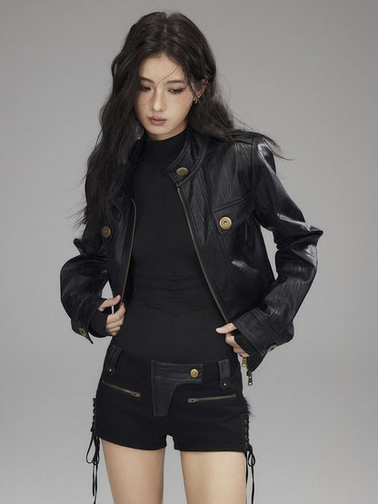 Low pixel Insulated Waist Cinch Workwear Multipocket Lapel Zip Black Women Leather Jackets