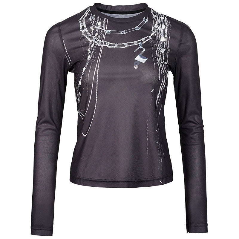 DKZ_OFFICIAL_Chain_Print_Mesh_Slim_Fit_Round_Neck_Women&