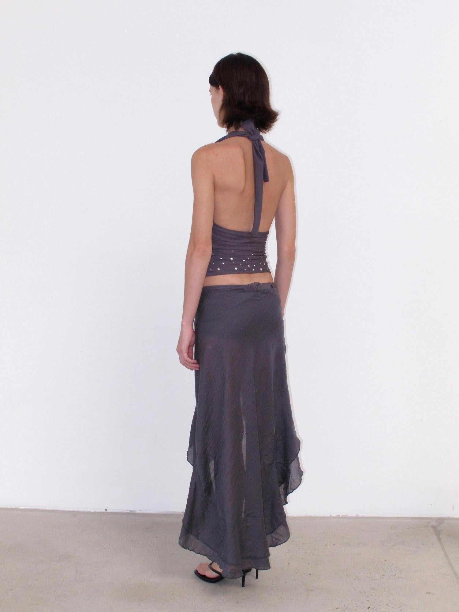 Mito de dar Purple Gray Sequin Halter Ruffle Women&