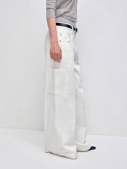 RUN TO THE FUTURE Low Rise 96 Percent Cotton Casual Loose Fit White Denim Wide-Leg Jeans