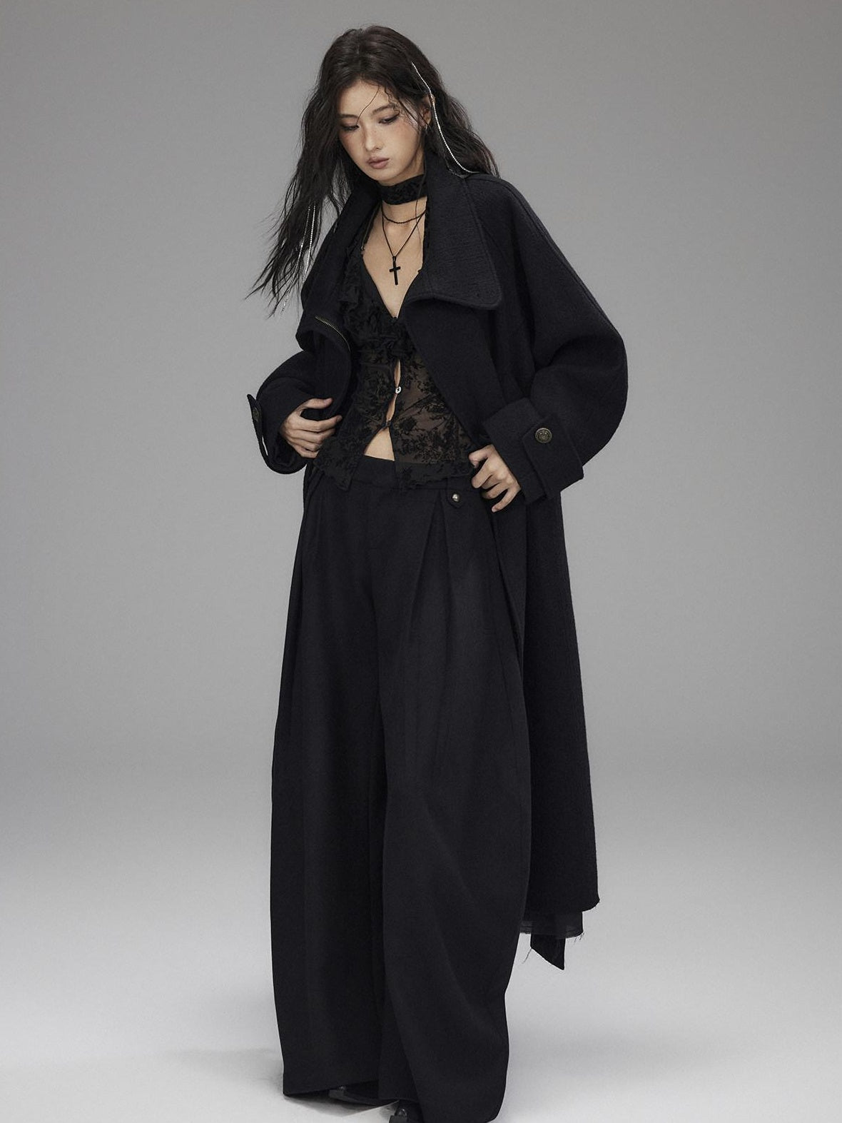 Low pixel Thick Wool Blend Oversized Streetwear European Long Zip Lapel Black Wool Coats