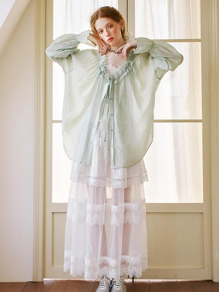 DIDDI MODA White Lace Top Petal Hem Skirt Women&