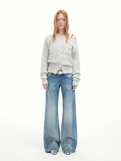 RUN TO THE FUTURE Vintage Washed Flared Cotton Natural Waist Women Blue Wide-Leg Jeans