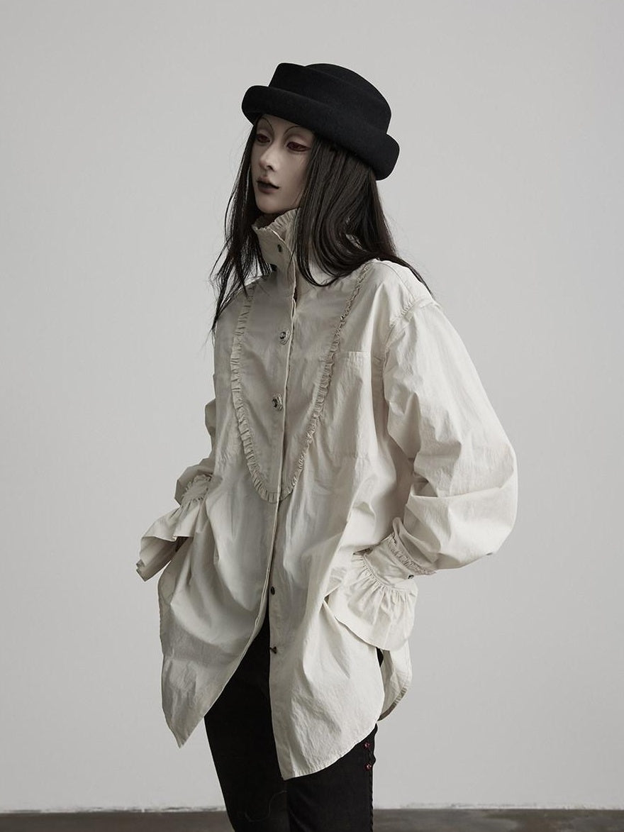 INDULGE Elegant Pleated Loose Fit Stand Collar Long Sleeve Cotton Blend Daily Blouses
